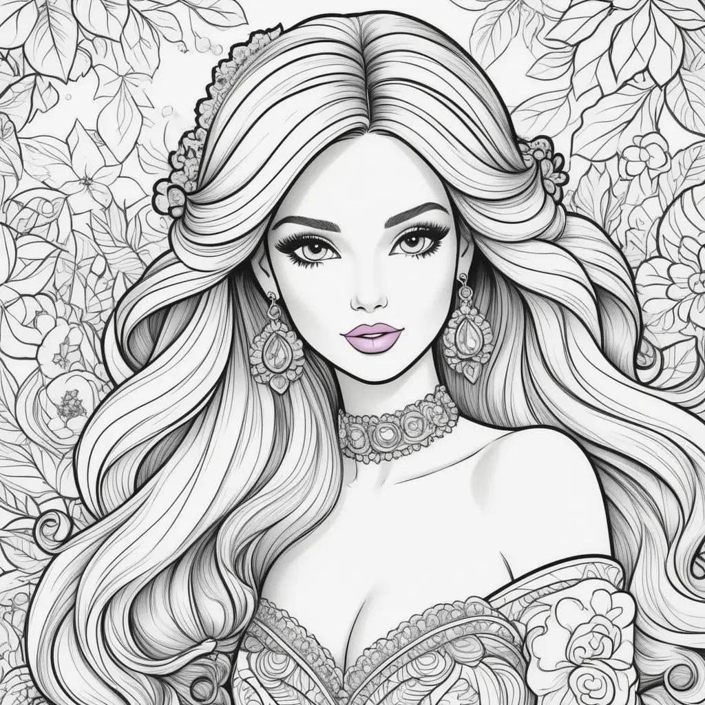 Barbie coloring page with a flower background