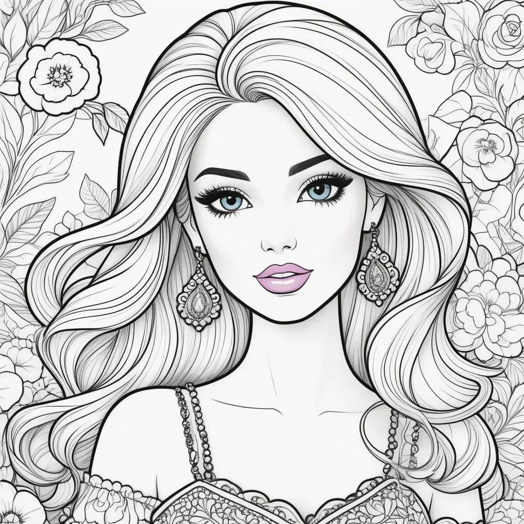 Barbie coloring page with flower background