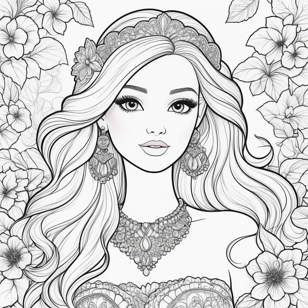 Barbie coloring page with flower design and earrings