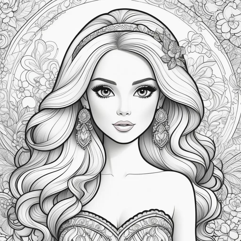 Barbie coloring page with flowers and a crown