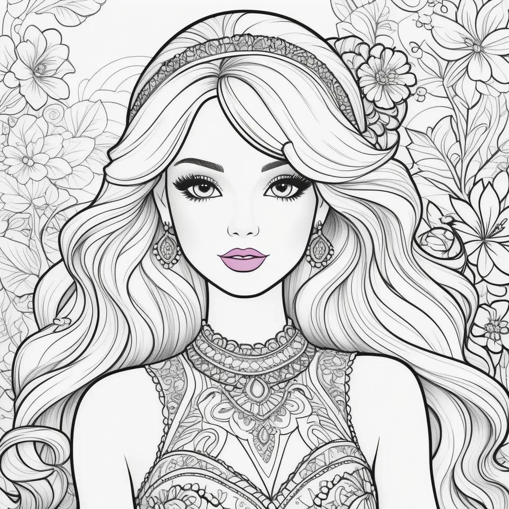 Barbie coloring page with flowers and a crown