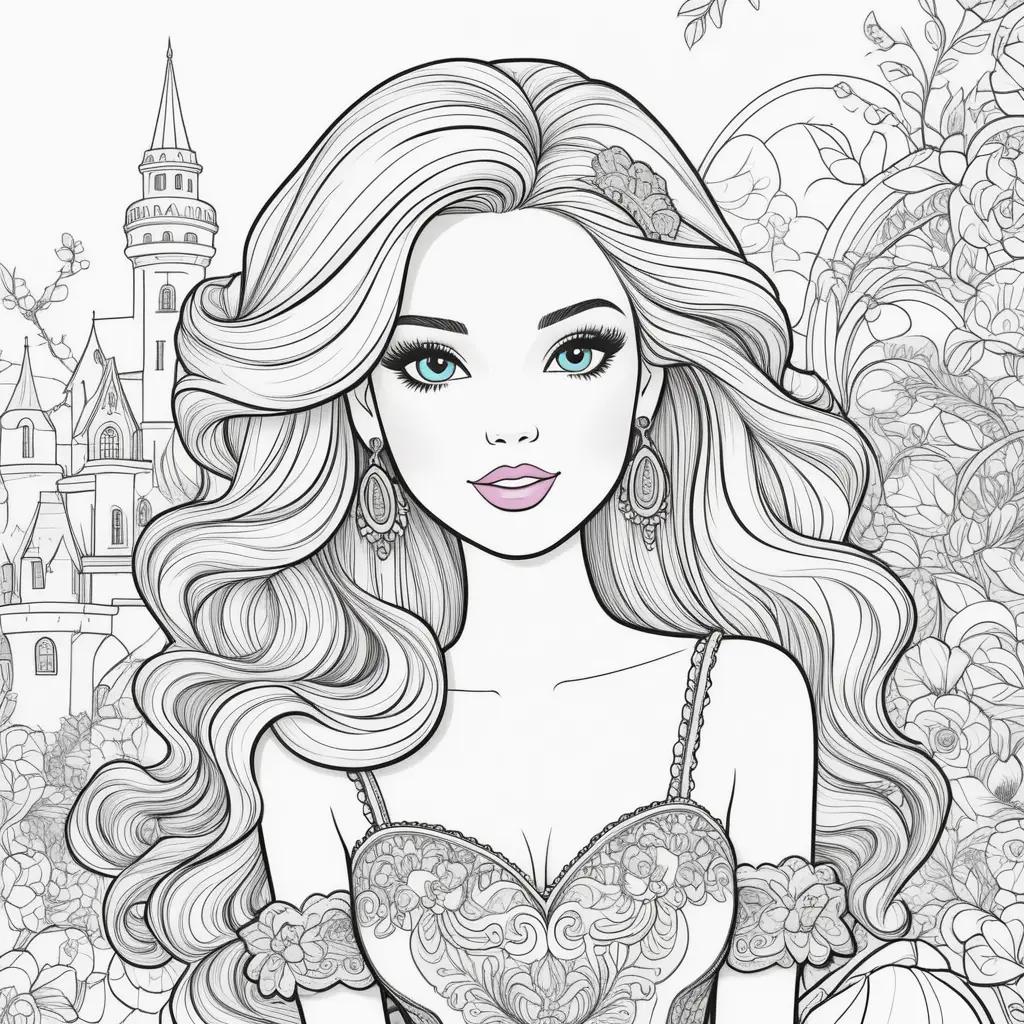 Barbie coloring page with flowers and castle