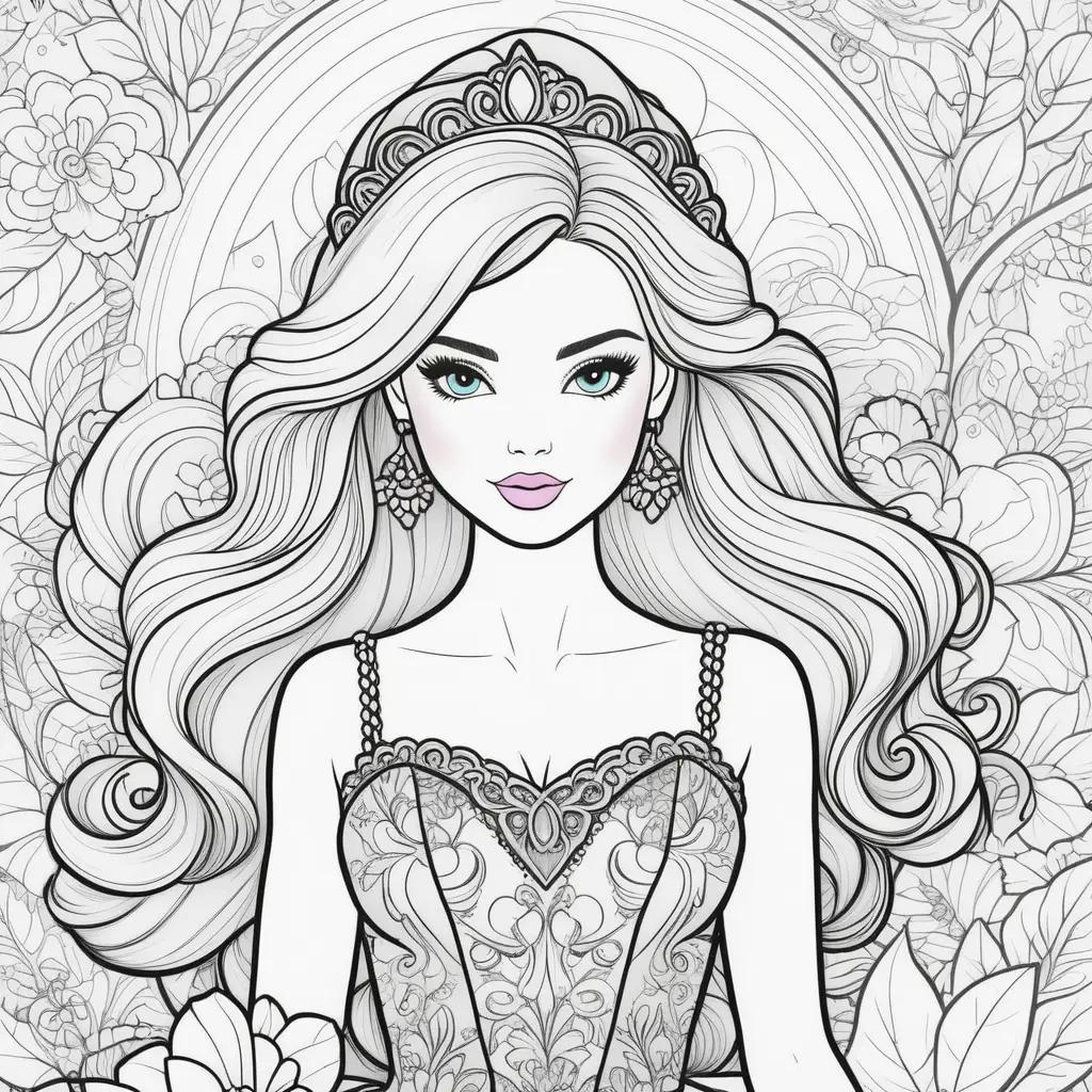 Barbie coloring page with flowers and crown