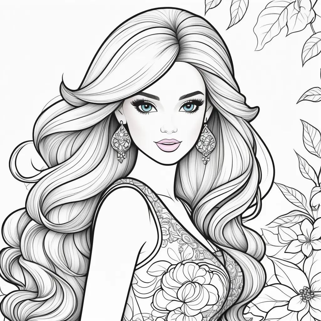 Barbie coloring page with flowers and earrings