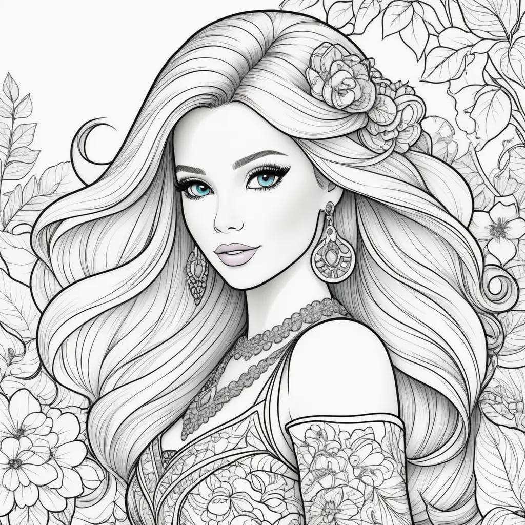 Barbie coloring page with flowers and jewelry