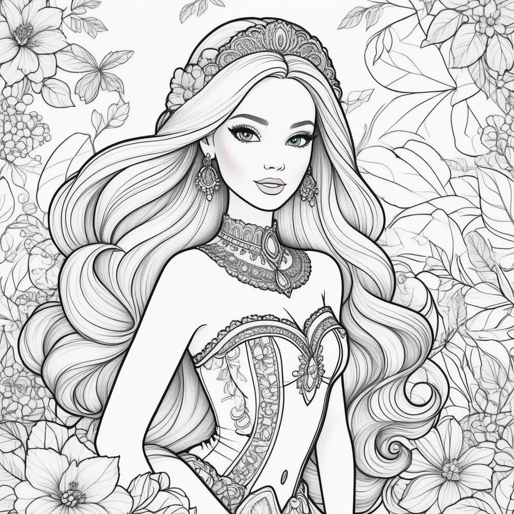 Barbie coloring page with flowers and jewelry