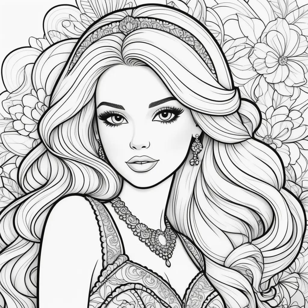 Barbie coloring page with flowers and jewels