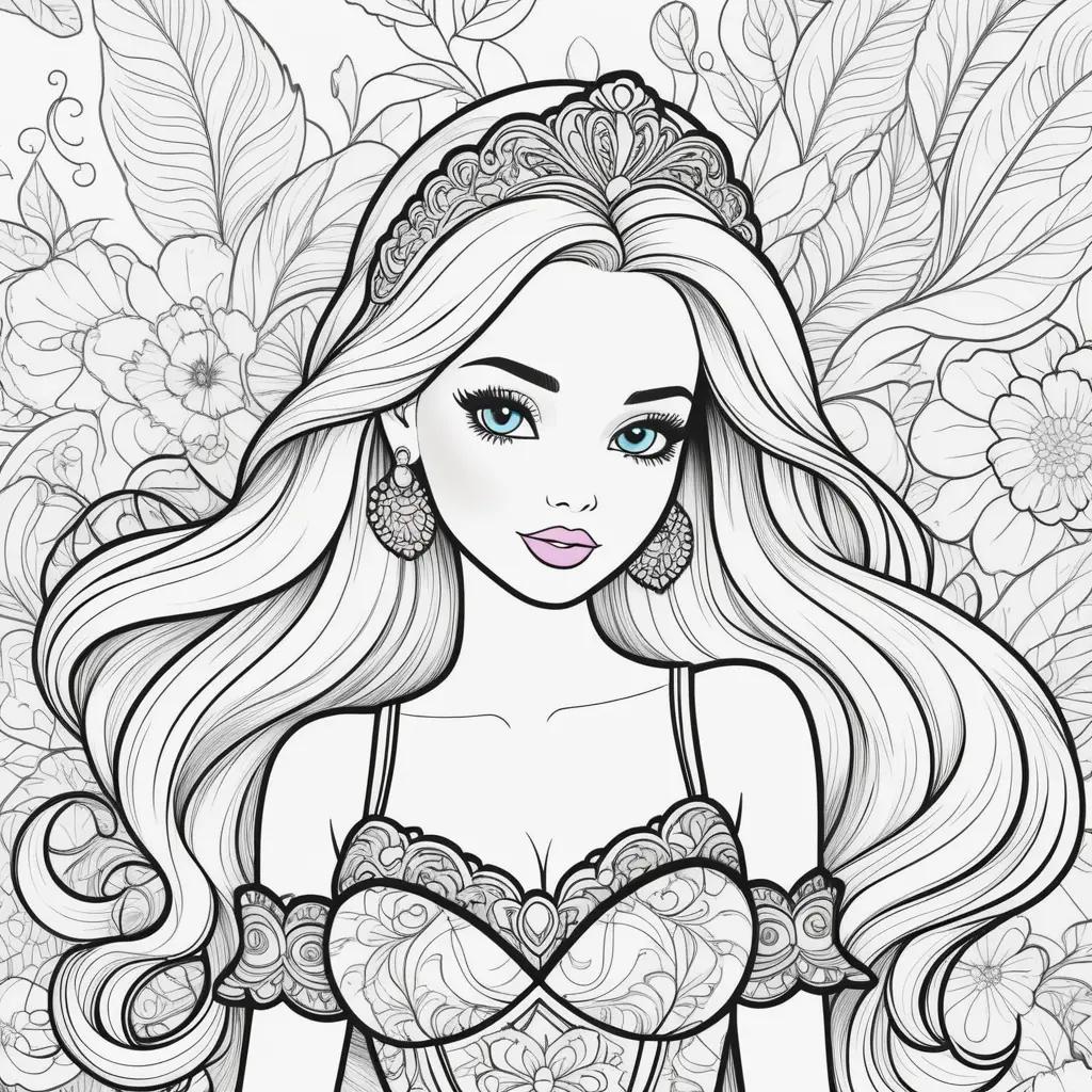 Barbie coloring page with intricate details and a crown