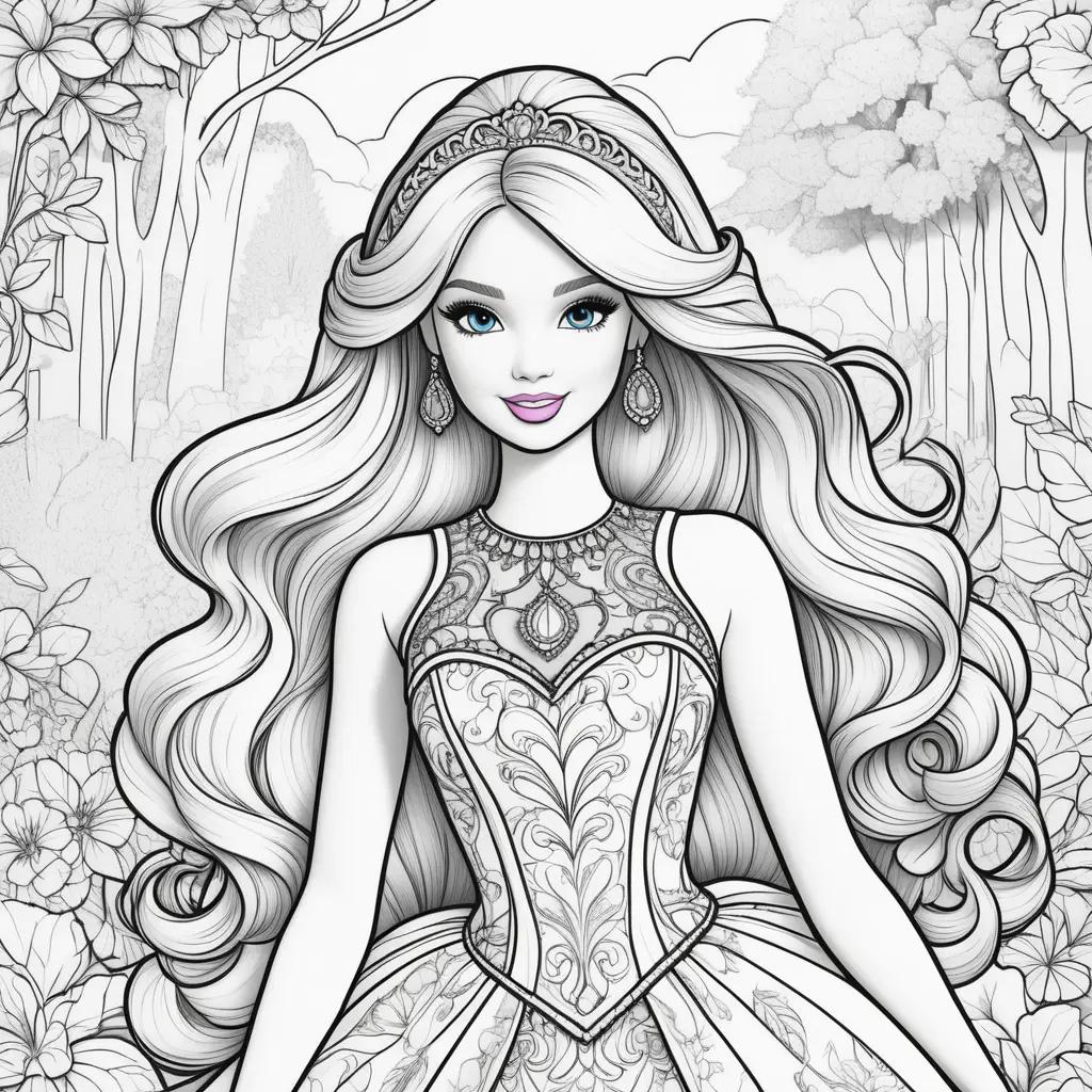 Barbie coloring pages featuring Barbie in a dress and jewelry