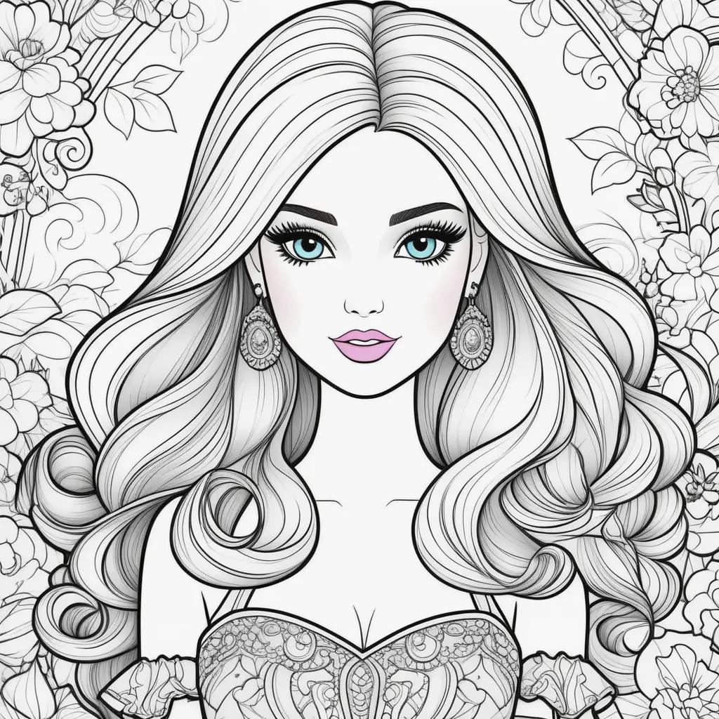 Barbie coloring pages featuring a beautiful woman with long hair and earrings