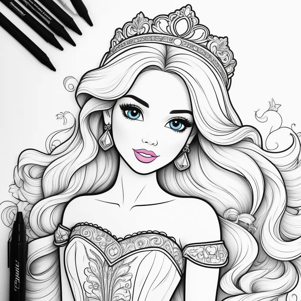 Barbie coloring pages featuring a princess in a crown