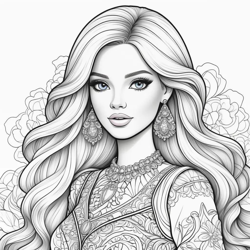 Barbie coloring pages for girls with black and white drawing of a girl with earrings