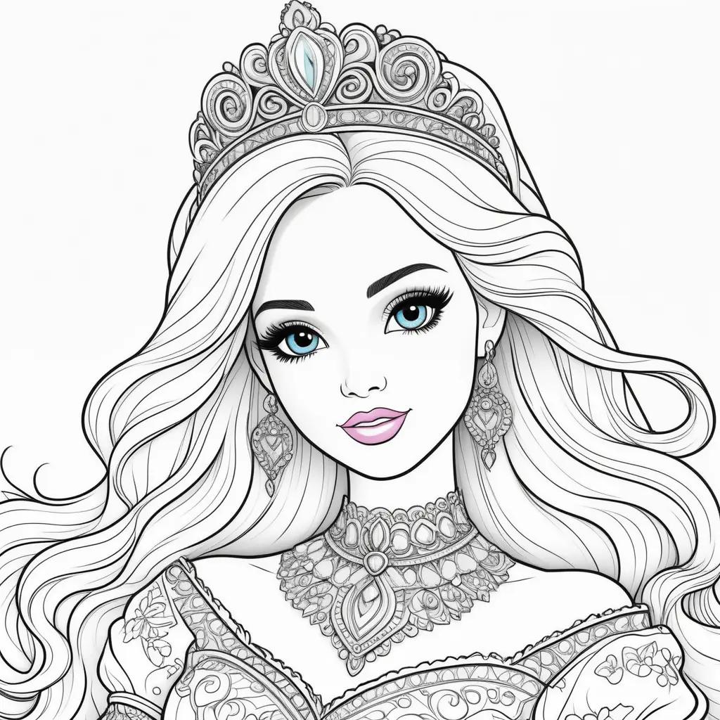 Barbie coloring pages of a princess wearing a crown and a tiara