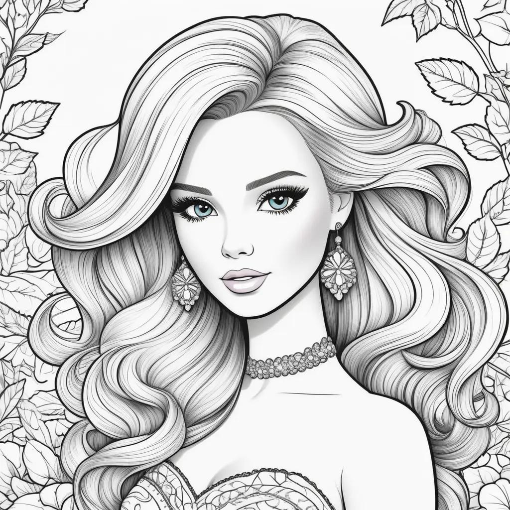 Barbie coloring pages print, black and white, face, ears, necklace, hair