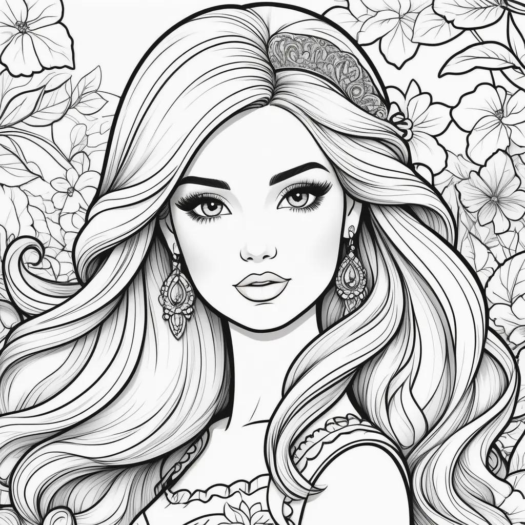 Barbie coloring pages print, black and white, floral background