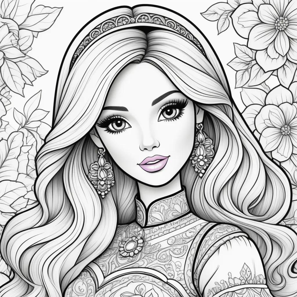 Barbie coloring pages with a floral background
