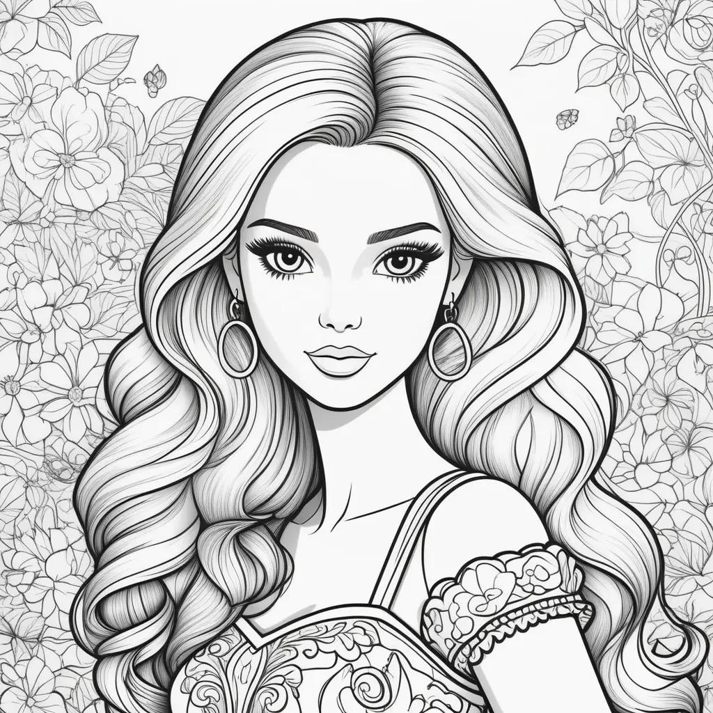 Barbie coloring pages with black and white illustrations of her hair and face