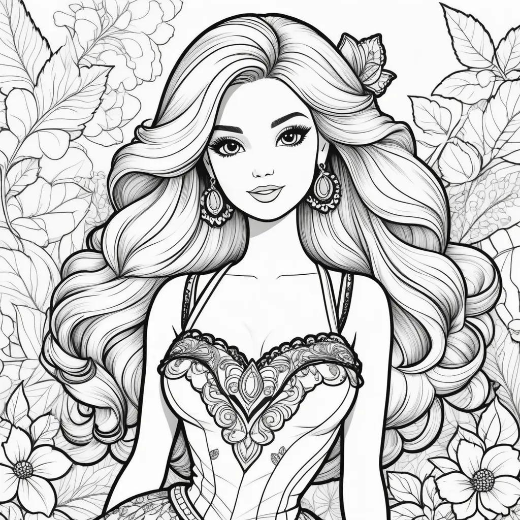 Barbie coloring pages with detailed black and white illustrations of the doll and floral background