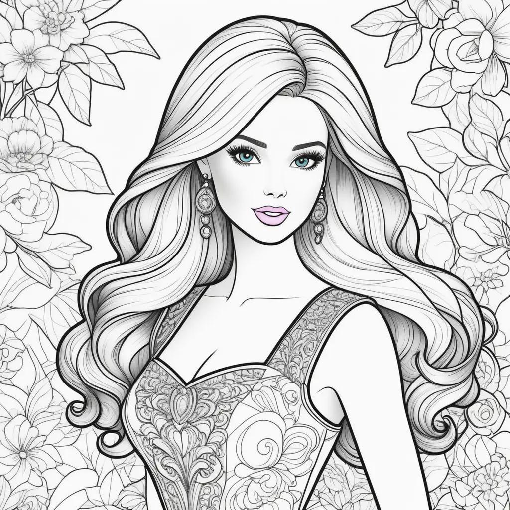 Barbie coloring pages with detailed design and flowers