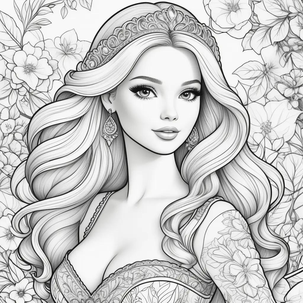 Barbie coloring pages with flowers and a crown