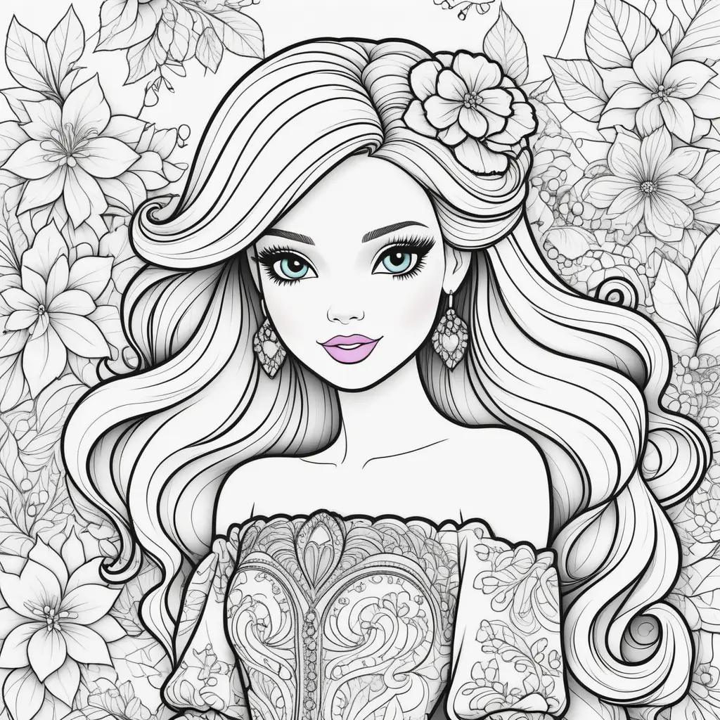 Barbie coloring pages with flowers and earrings