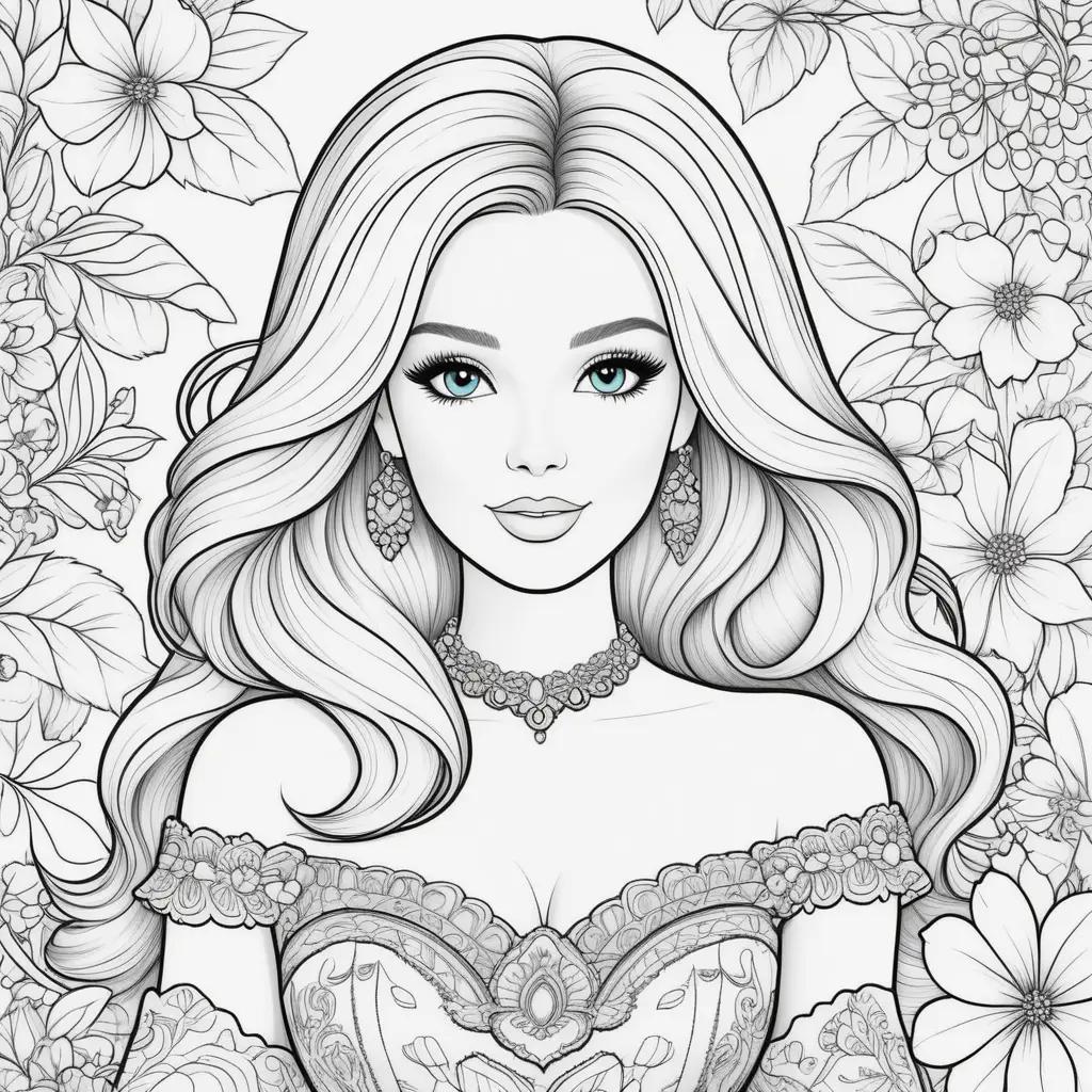 Barbie coloring pages with flowers in the background