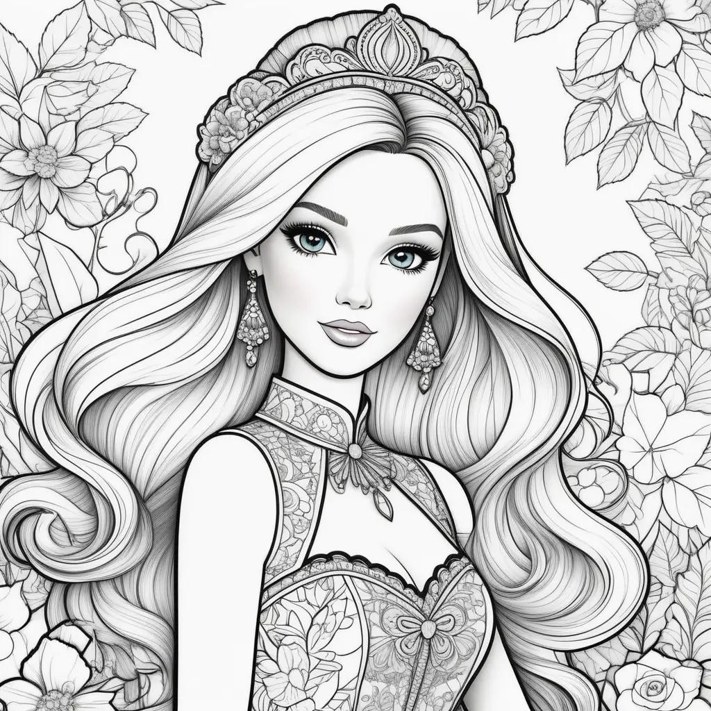 Barbie coloring pages with princess and flowers