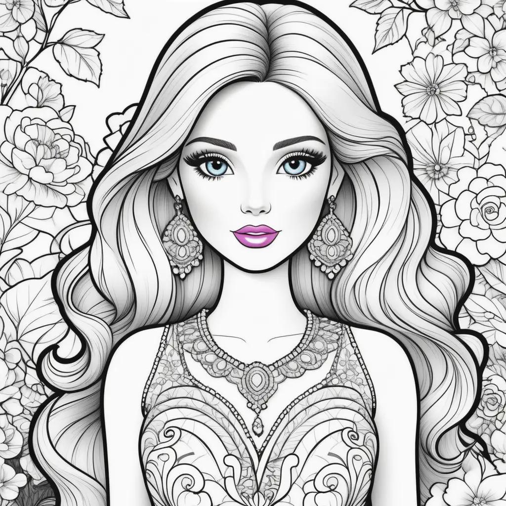 Barbie doll coloring pages featuring a woman and flowers