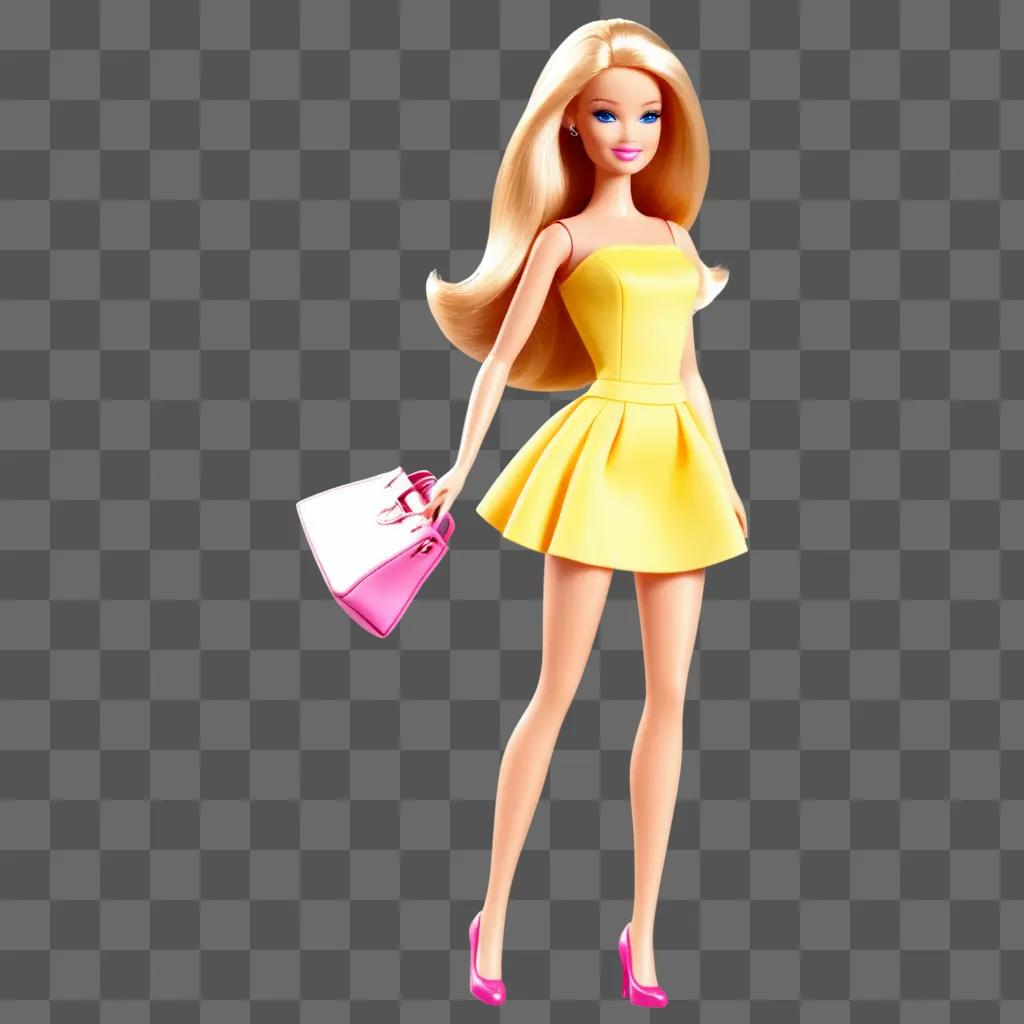 Barbie doll holding a pink purse and a yellow dress