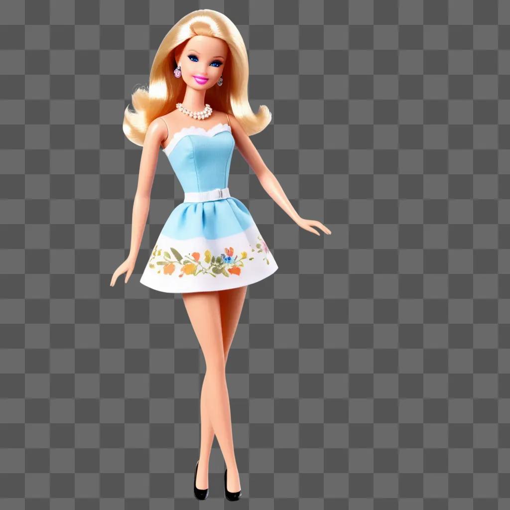 Barbie doll in a blue dress poses for a photo