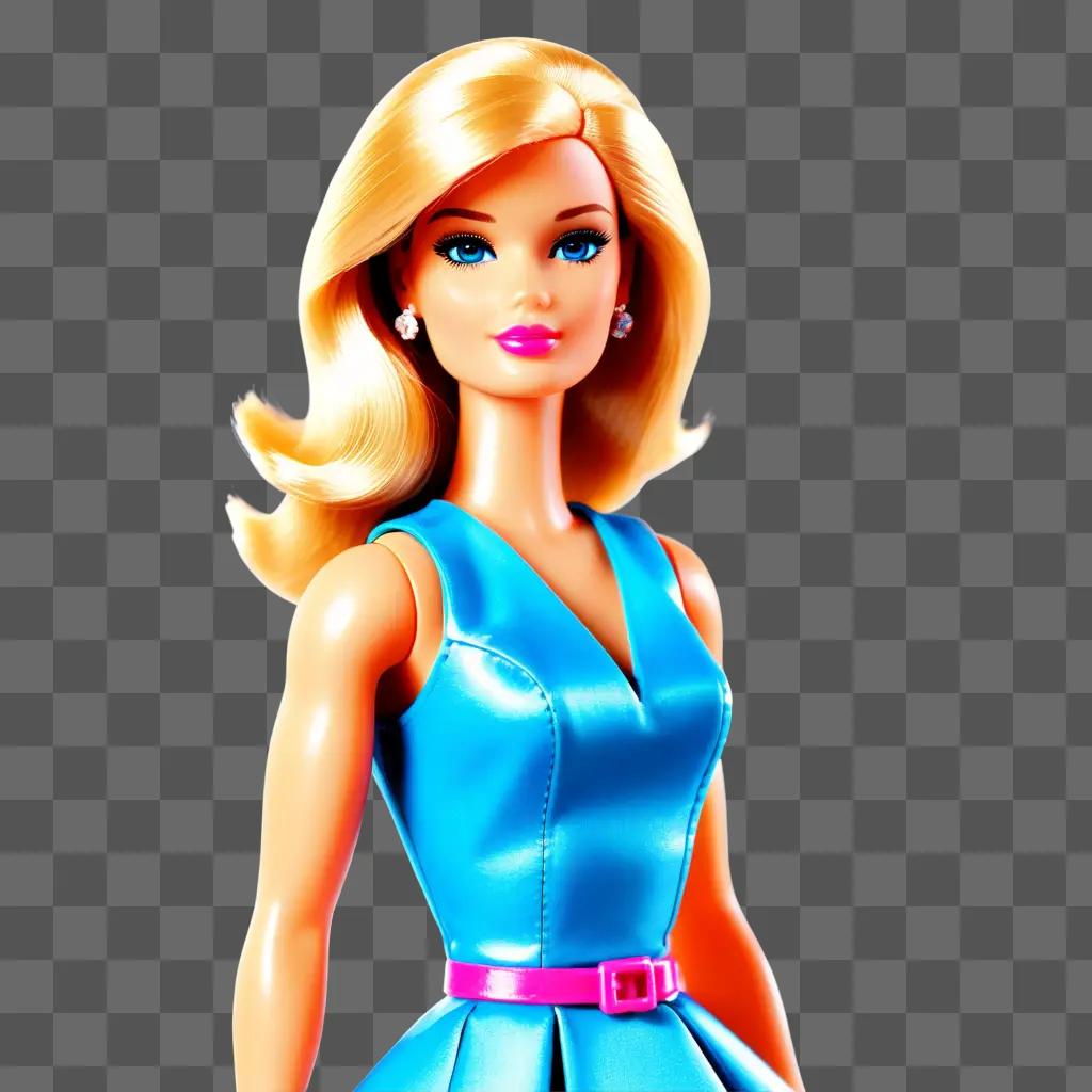 Barbie doll in a blue dress with a pink belt