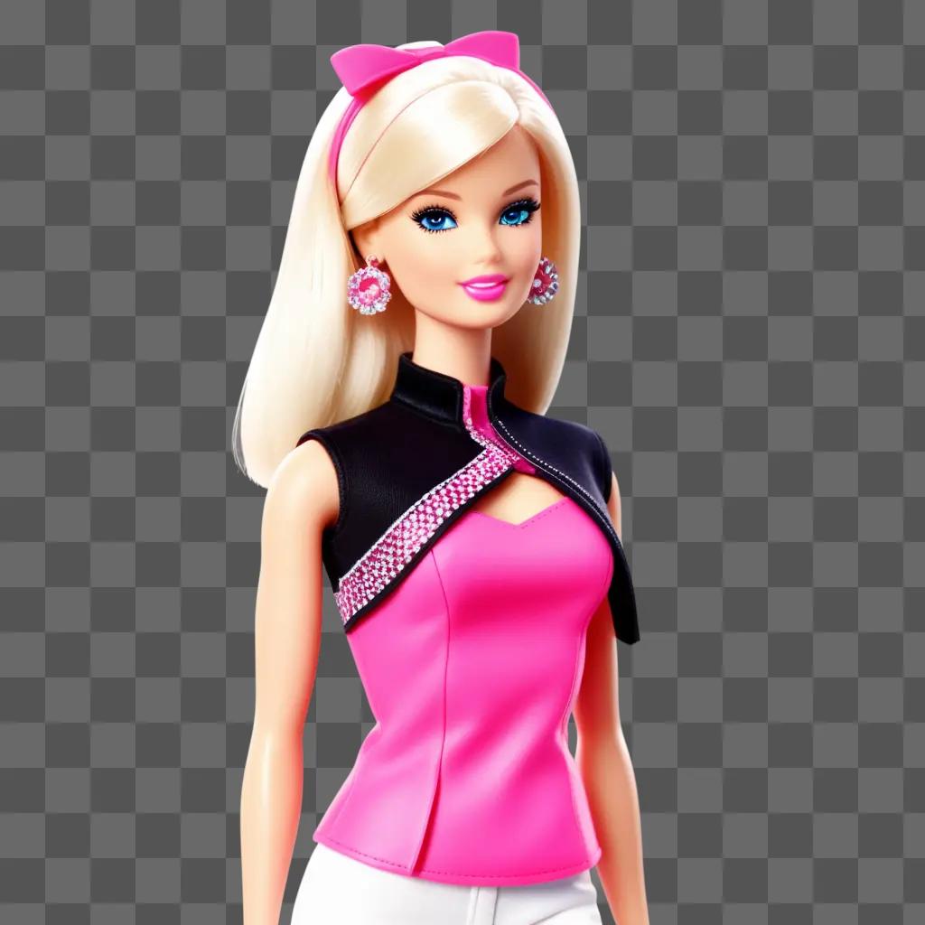 Barbie doll in pink and black dress against pink background