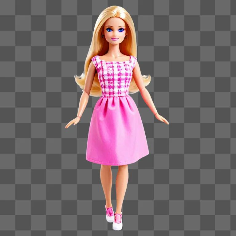 Barbie doll in pink dress and shoes on pink background