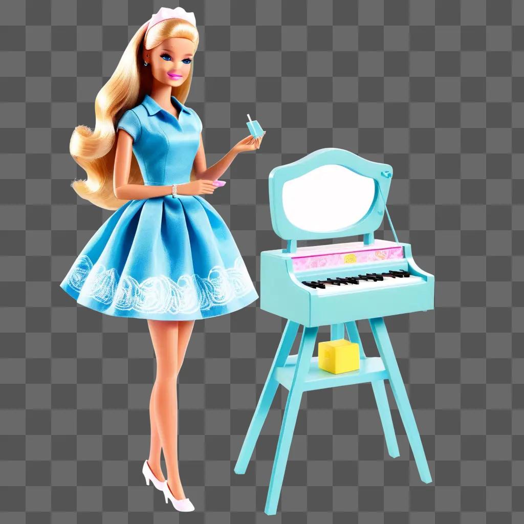 Barbie holding a piano with a smile on her face