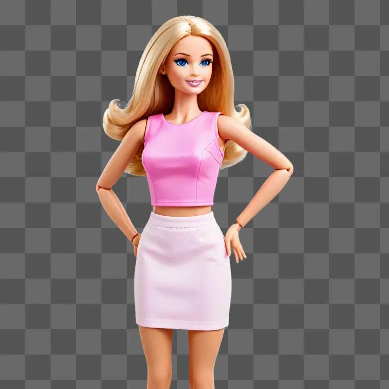 Barbie in pink top and skirt posing for a picture