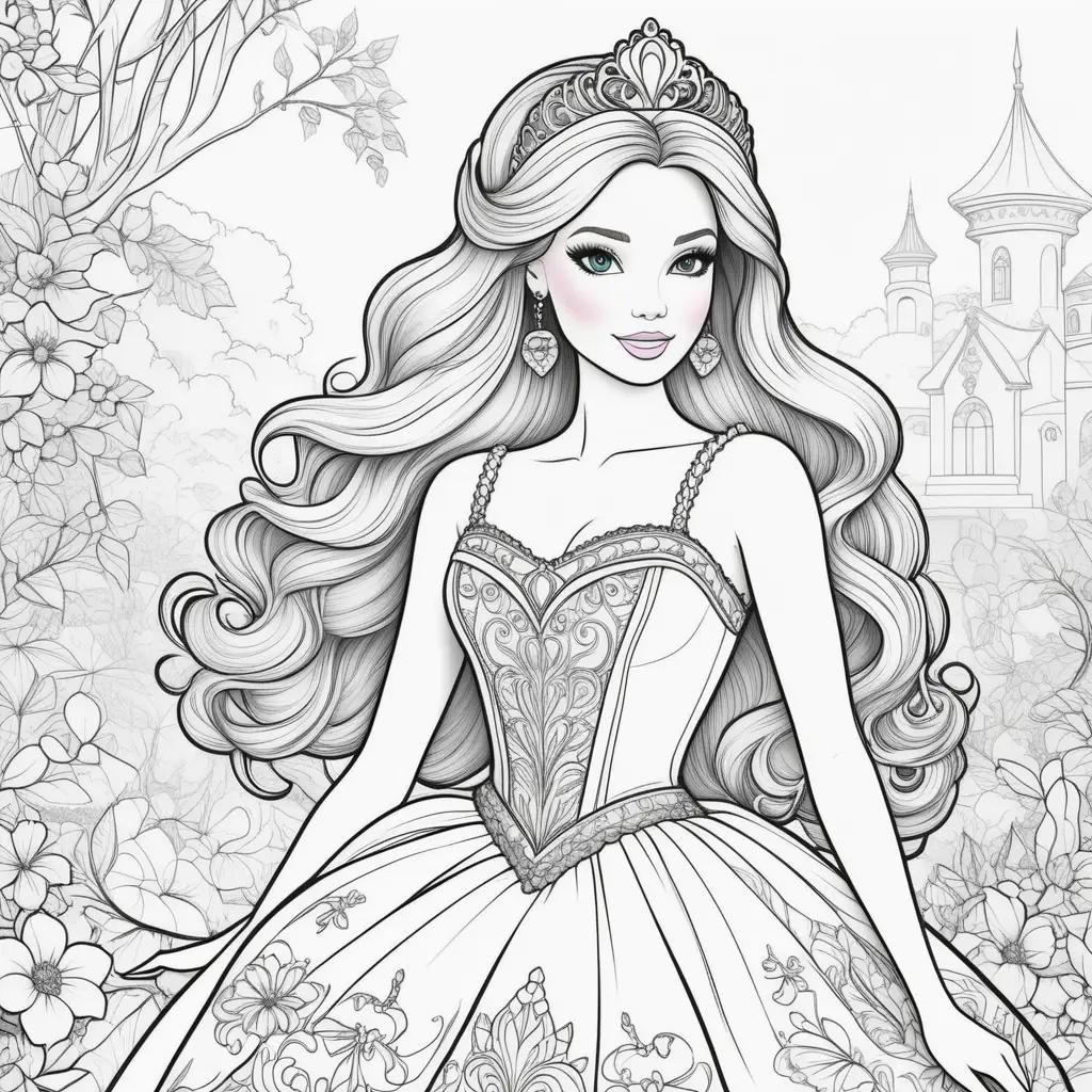 Barbie princess coloring pages featuring a princess in a castle