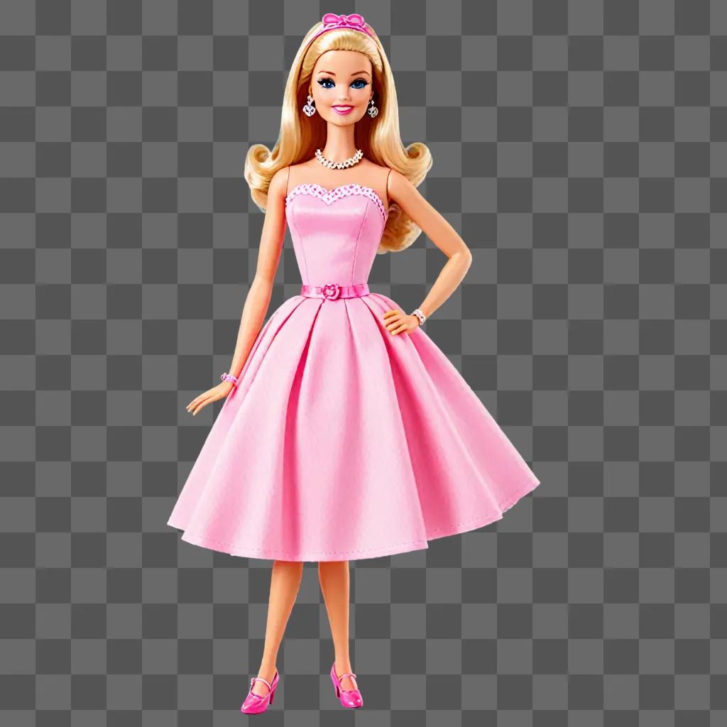 Barbie stands in pink dress against pink background