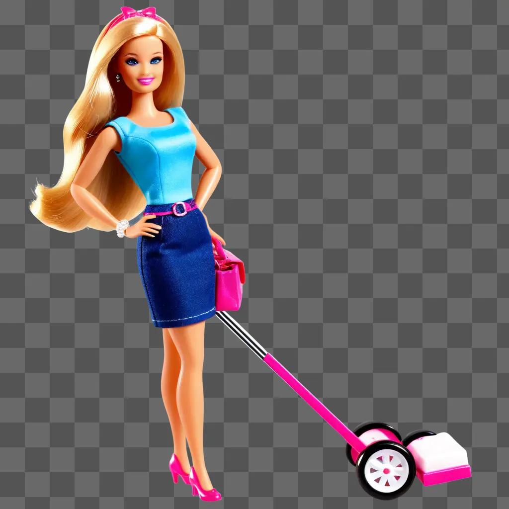 Barbie stands with a rolling toy on her shoulder