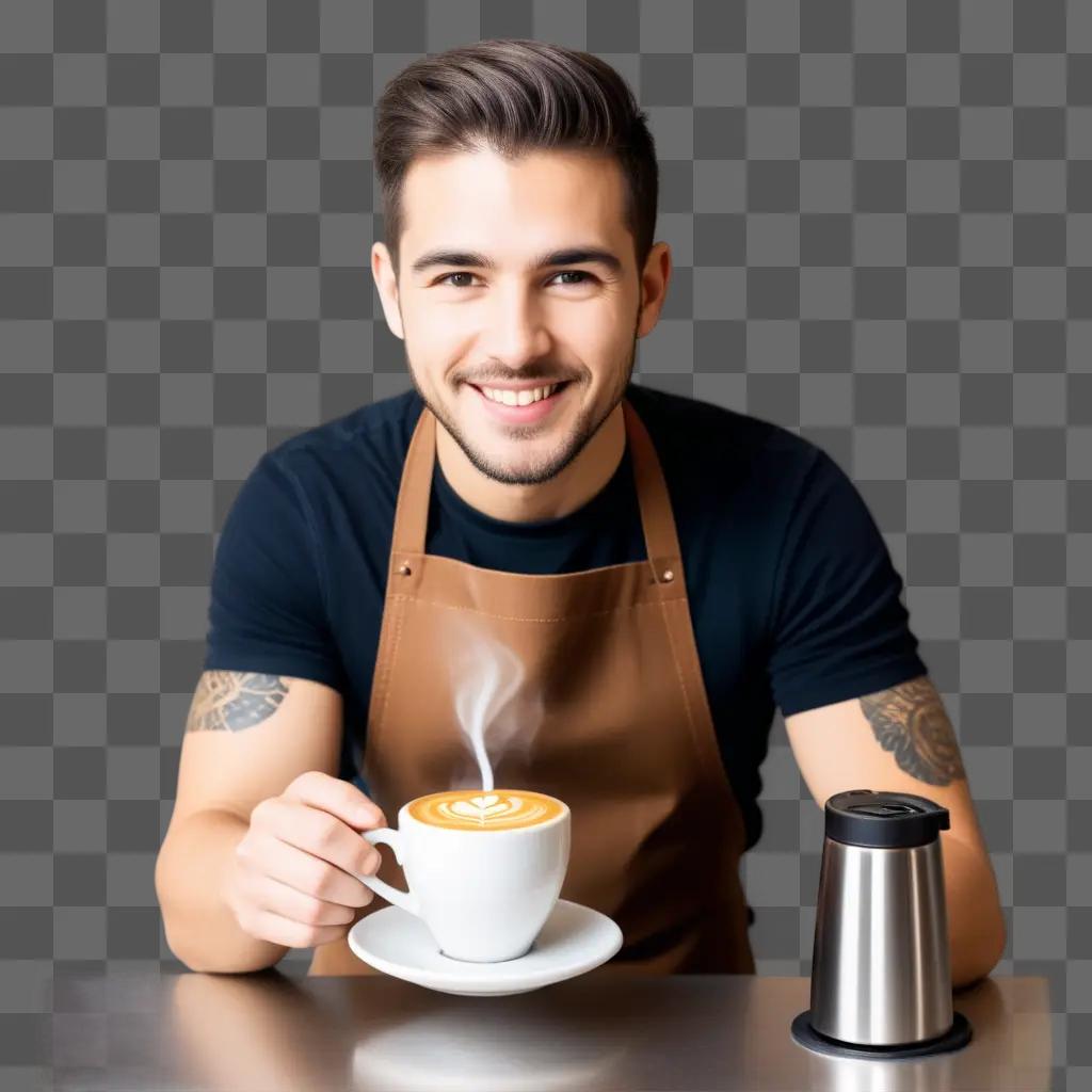 Barista with smile and coffee cup in a booth