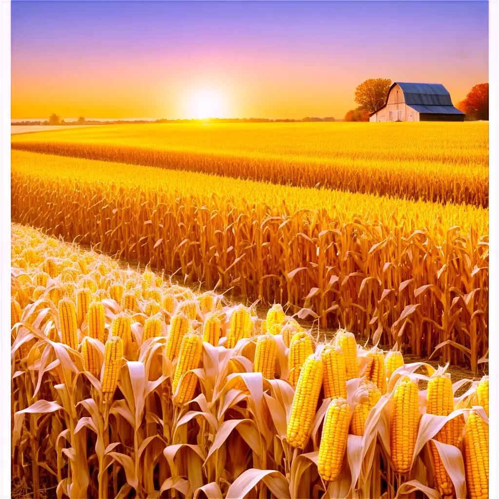 Barn sits in the foreground of a corn field at sunset