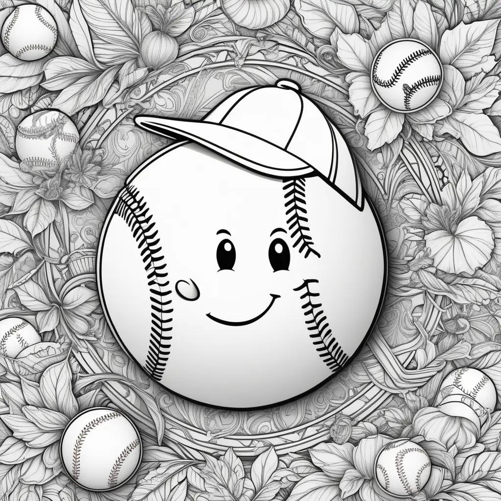 Baseball coloring page with smiling ball and flowers