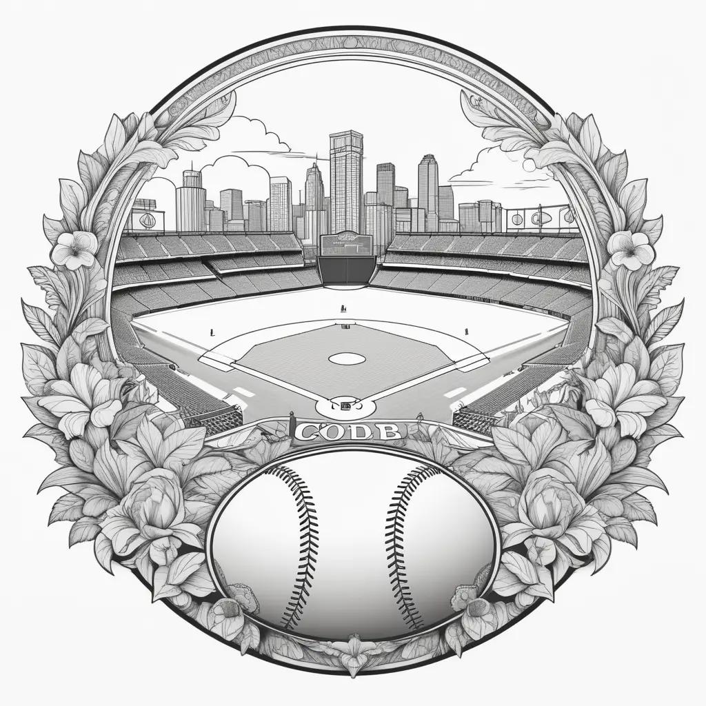 Baseball coloring pages with a city in the background