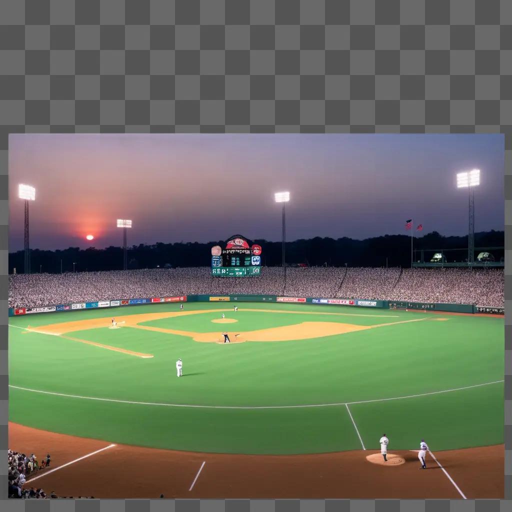 Baseball field at sunset with spectators in the stands