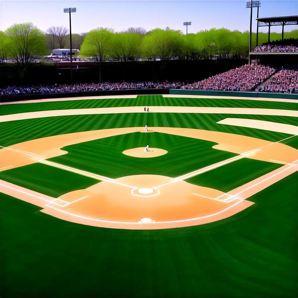 Baseball field with fans and bright sunlight