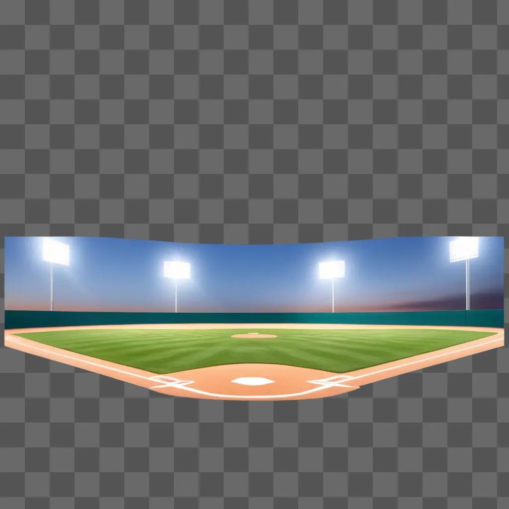 Baseball field with lights, green grass and dugout