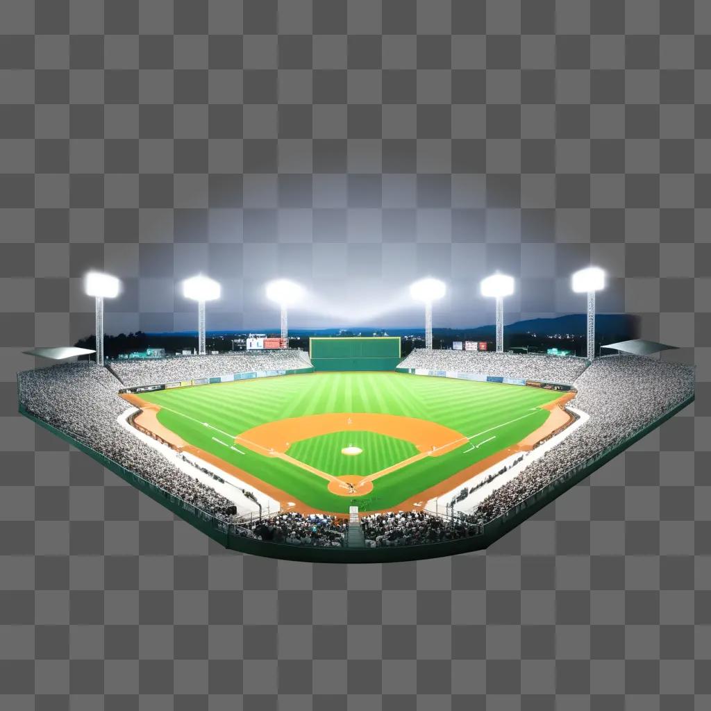 Baseball field with lights on at night