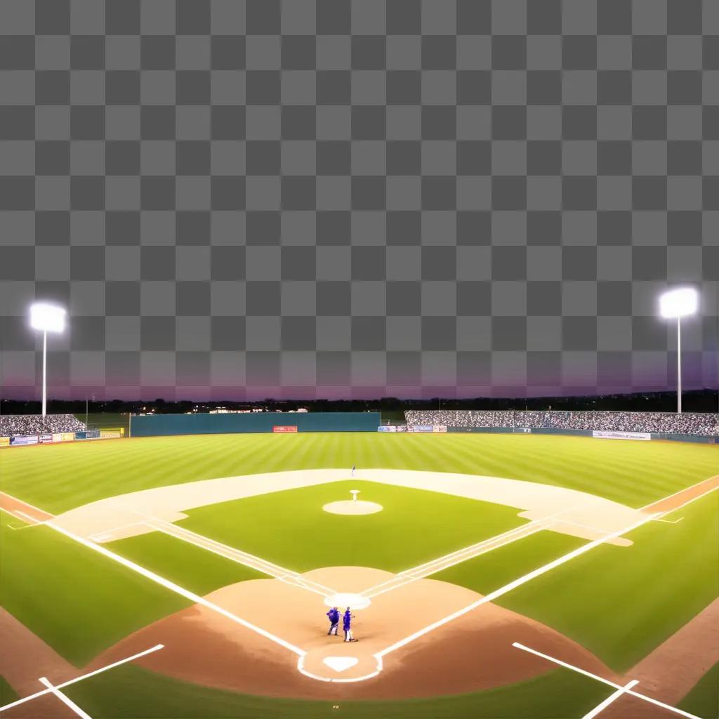 Baseball field with players standing at home plate