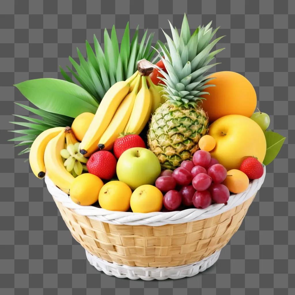 Basket of colorful fruits with green leaves