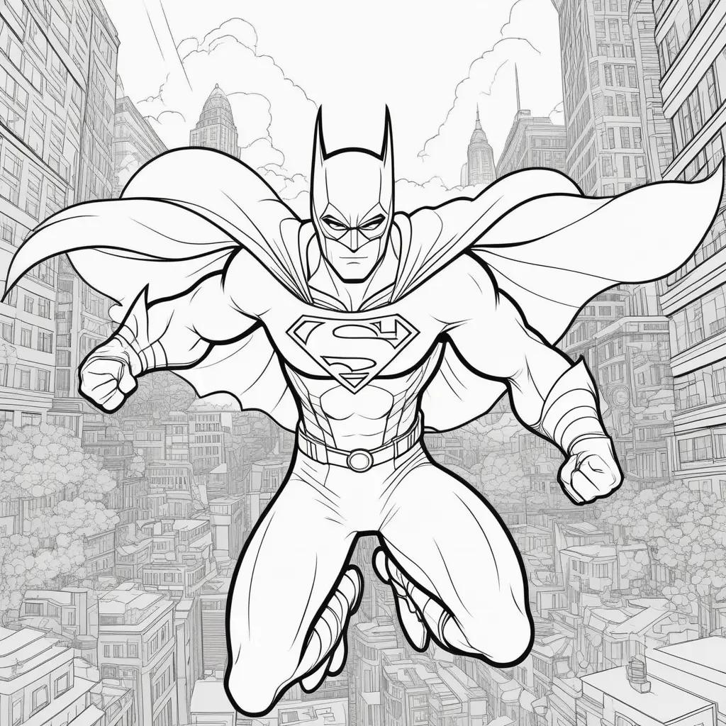 Batman Coloring Page with Superhero City in the Background