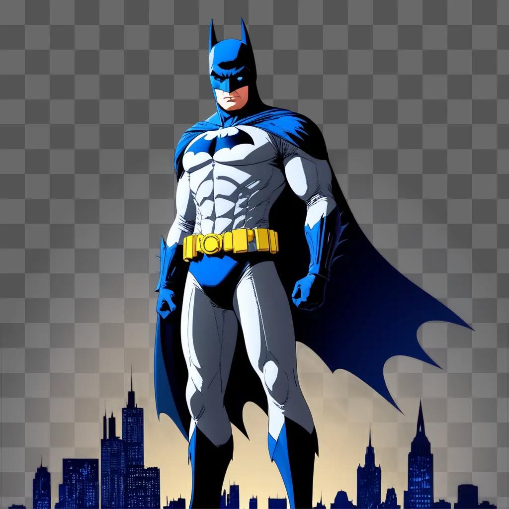 Batman in blue and white in a city skyline